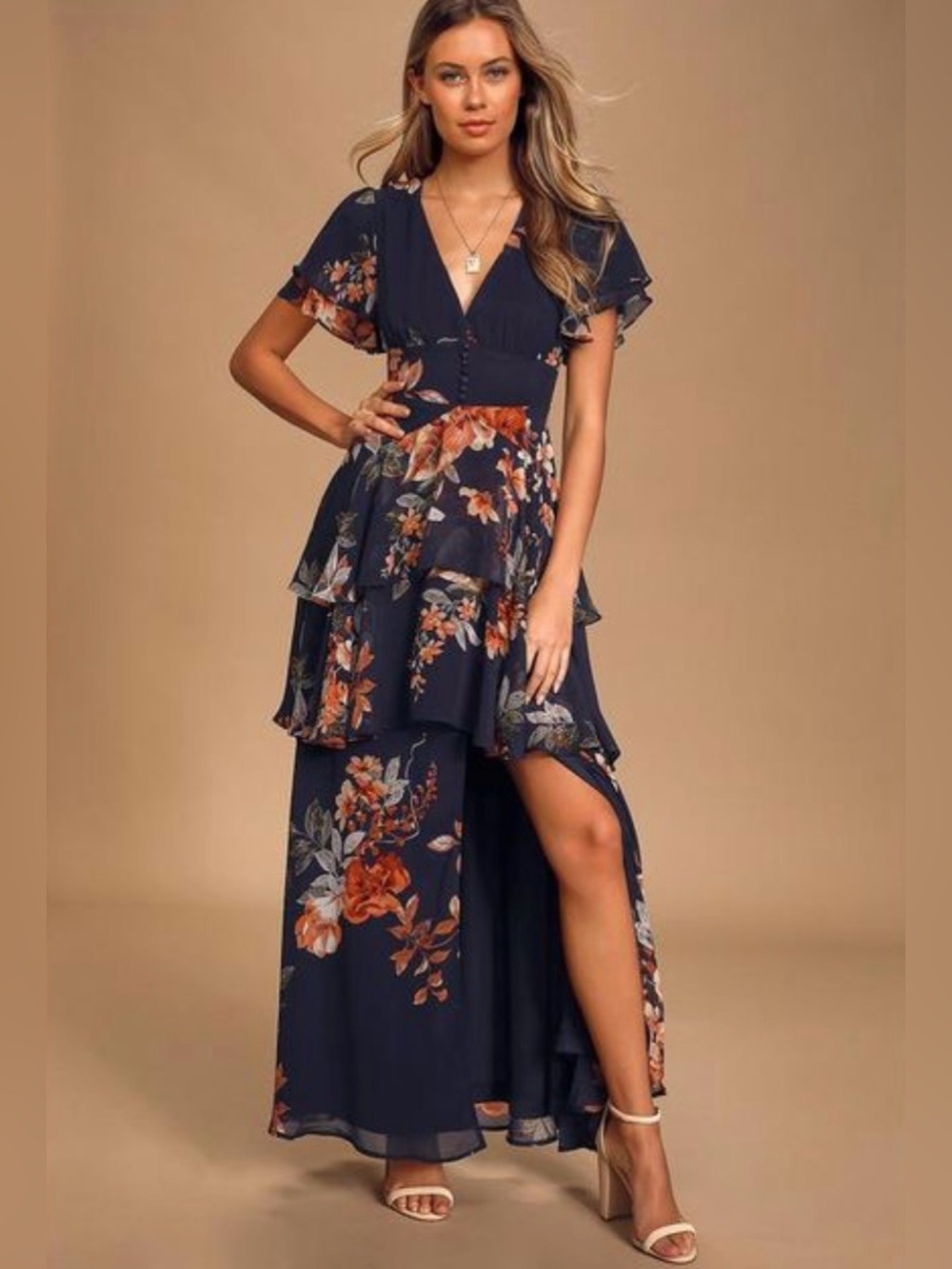 Lulus Midnight Mood Navy Blue Floral Print Tiered Maxi Dress